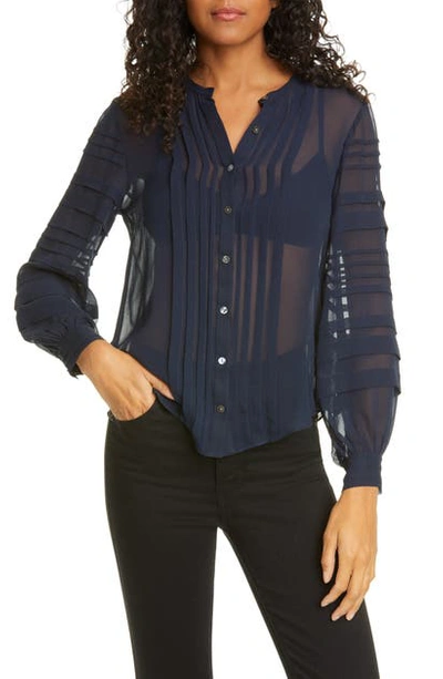 Shop Rebecca Taylor Pintuck Long Sleeve Silk Chiffon Blouse In Navy