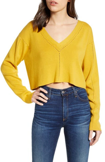 Shop French Connection Leona Pointelle Crop V-neck Sweater In Mustard Seed