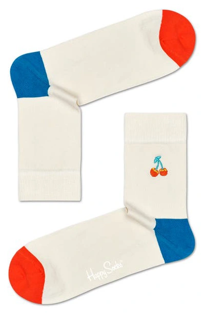 Shop Happy Socks Cherry Embroidered Crew Socks In White/ Multi