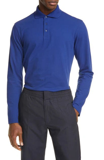 Shop Z Zegna Extra Slim Fit Long Sleeve Stretch Cotton Polo Shirt In Blue