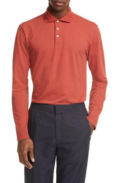 Shop Z Zegna Extra Slim Fit Long Sleeve Stretch Cotton Polo Shirt In Orange