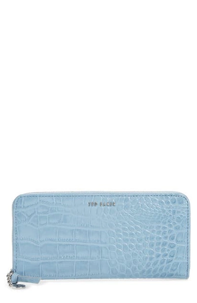 Shop Ted Baker Stelyys Croc Embossed Leather Zip Wallet In Light Blue