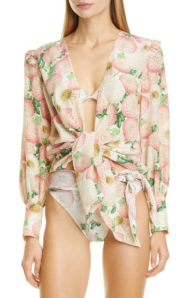 Shop Adriana Degreas Floral Print Silk Cover-up Blouse In Dahlia