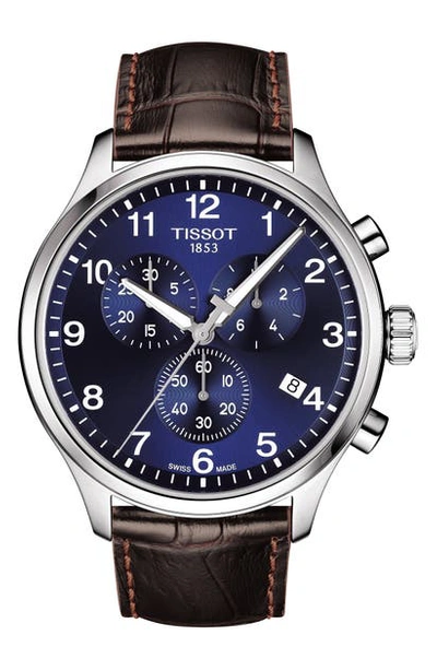 Shop Tissot Chrono Xl Collection Chronograph Leather Strap Watch, 45mm In Brown/ Blue/ Silver