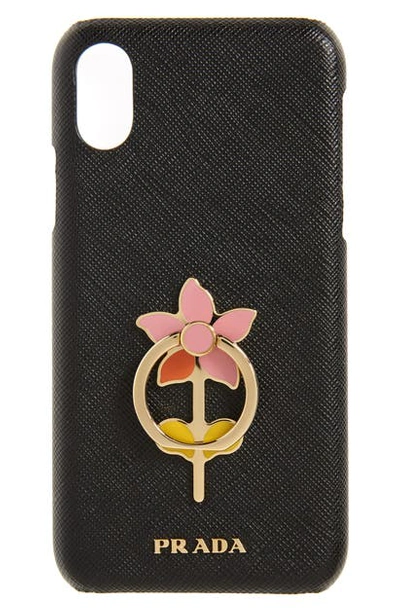 Shop Prada Flower Ring Saffiano Leather Iphone 11 Pro Max Case In Nero