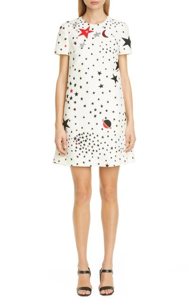 Shop Valentino Embellished Star Print Wool & Silk Shift Minidress In Avorio/ Multicolor