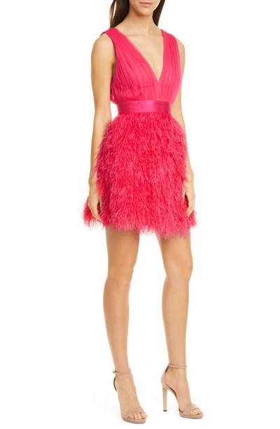 Shop Alice And Olivia Tegan Feather Party Dress In Wild Pink