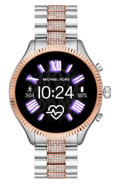 Shop Michael Kors Michael  Lexington 2 Pave Crystal Bracelet Smart Watch, 44mm In Silv Multi/color Display/rsgld