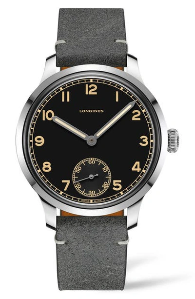 Shop Longines Heritage Military Leather Strap Watch, 43mm In Grey/ Black/ Silver