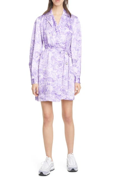 Shop Ganni Long Sleeve Floral Satin Wrap Minidress In Violet Tulip