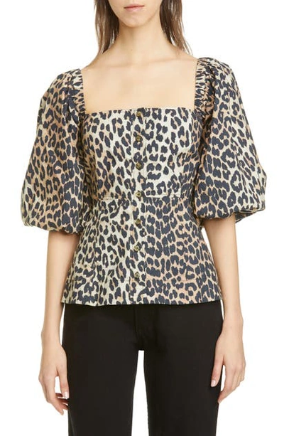 Shop Ganni Leopard Print Puff Sleeve Blouse In Leopard 943