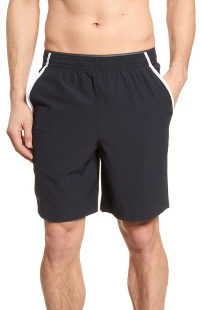 Shop Under Armour Qualifier Technical Athletic Shorts In Black/ White/ Pitch Grey