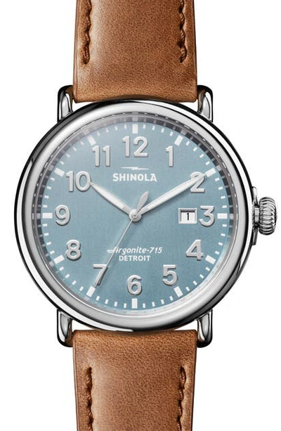 Shop Shinola Runwell Leather Strap Watch, 47mm In Silver/ Stone Blue/ Silver