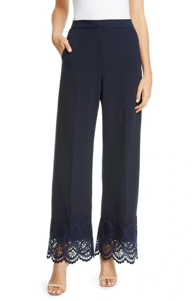 Shop Lela Rose Broderie Anglaise Cuff Wide Leg Pants In Navy