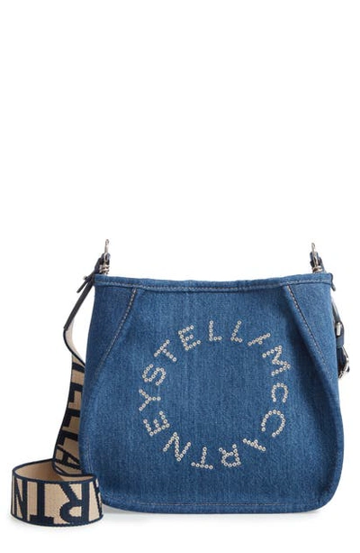 Shop Stella Mccartney Mini Eco Studded Logo Organic Denim Crossbody Bag In Orion Blue