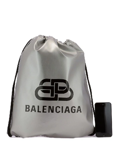 Shop Balenciaga Logo Printed Drawstring Backpack In Silver