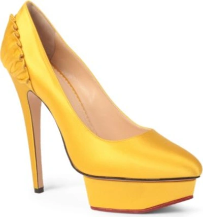 Shop Charlotte Olympia Paloma Satin Platform Courts In Yellow