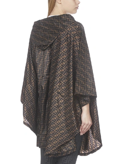 Shop Fendi Ff Print Hooded Cape In Brown