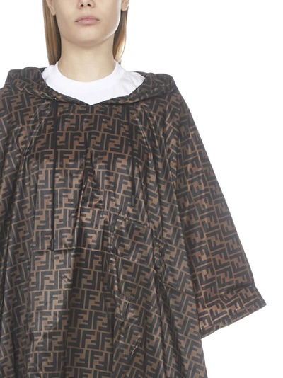 Shop Fendi Ff Print Hooded Cape In Brown