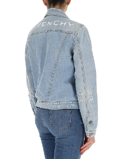 Shop Givenchy Logo Distressed Denim Jacket In Blue