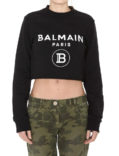Shop Balmain Logo Cropped Sweatshirt In Black