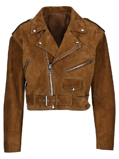 Shop Prada Cropped Biker Jacket In Brown