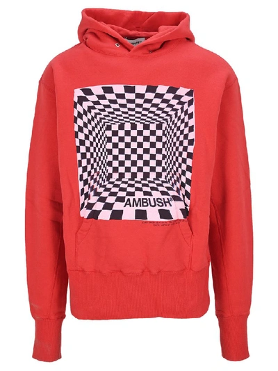 Shop Ambush Check Logo Print Hoodie In Red