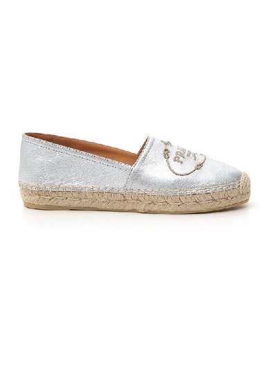 Shop Prada Logo Motif Espadrilles In Silver