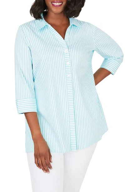 Shop Foxcroft Pamela Day Stripe Stretch Button-up Shirt In Island Sky