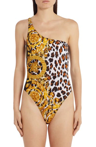 Shop Versace Animal Print One Shoulder One-piece Swimsuit In Black/ Gold