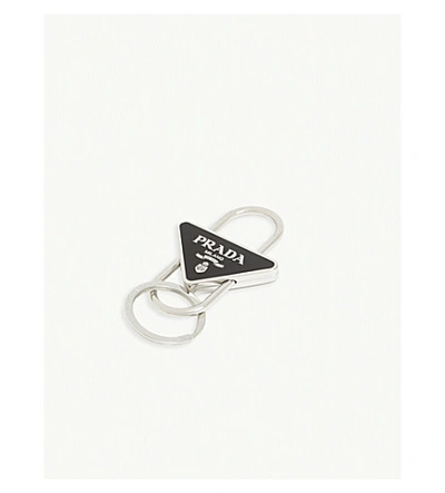 Shop Prada Logo-print Metal Triangle Key Ring In Silver Black