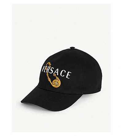 Shop Versace Safety Pin-embroidered Cotton Baseball Cap In Black