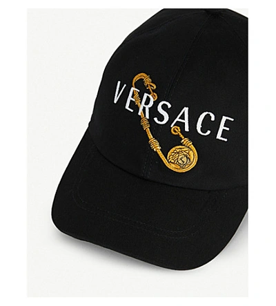 Shop Versace Safety Pin-embroidered Cotton Baseball Cap In Black