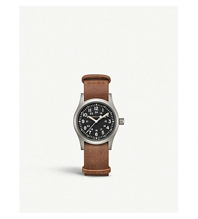 Shop Hamilton Mens Black H69439531 Khaki Field Mechanical Steel And Leather Watch