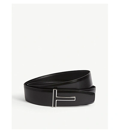 Shop Tom Ford T Buckle Leather Belt In Black
