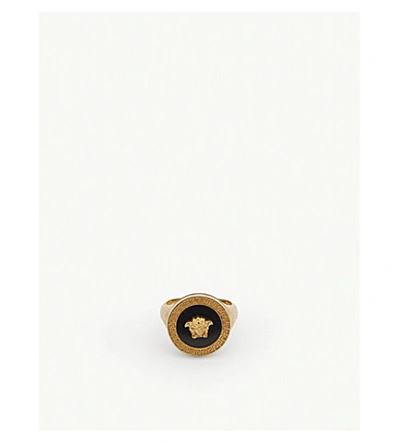 Shop Versace Medusa Round Gold-toned Ring In Black Gold