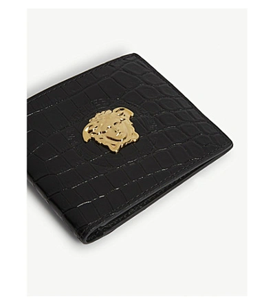Shop Versace Croc-embossed Leather Wallet In Black