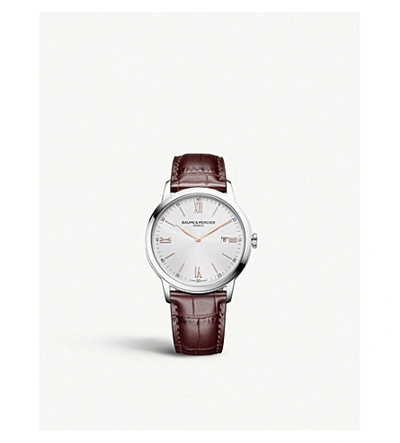 Shop Baume & Mercier M0a10415 Classima Stainless Steel And Leather Strap Watch In Brown/silver