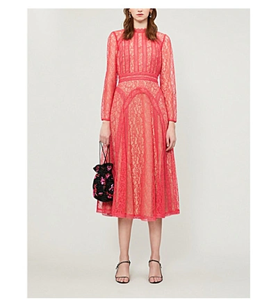 Shop Self-portrait Panelled Lace Midi Dress In Hot Pink