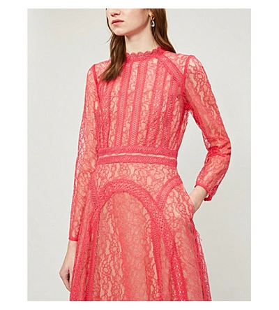 Shop Self-portrait Panelled Lace Midi Dress In Hot Pink