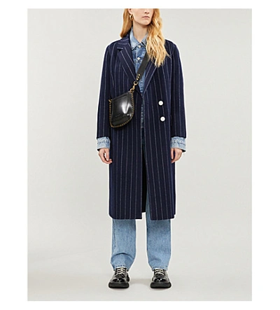 Shop Sandro Thiny Pinstriped Wool-blend Coat In Navy Blue