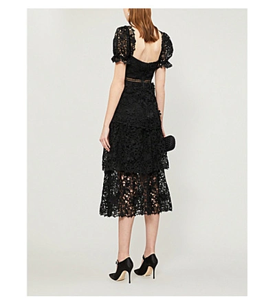 Shop Self-portrait Puffed-sleeve Tiered 3d Floral-lace Midi Dress In Black
