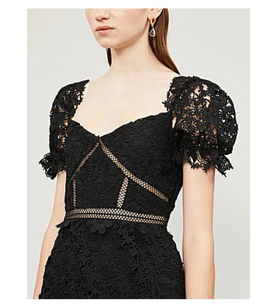 Shop Self-portrait Puffed-sleeve Tiered 3d Floral-lace Midi Dress In Black
