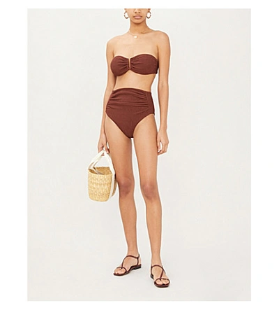 Shop Self-portrait Textured High-rise Ruched Bikini Bottoms In Chocolate