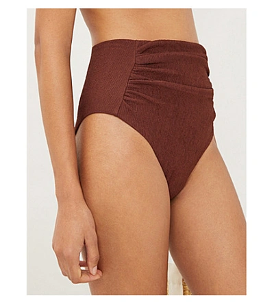 Shop Self-portrait Textured High-rise Ruched Bikini Bottoms In Chocolate