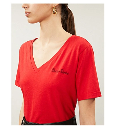 Shop Claudie Pierlot Paris-embroidered Cotton-blend Jersey T-shirt In Rouge