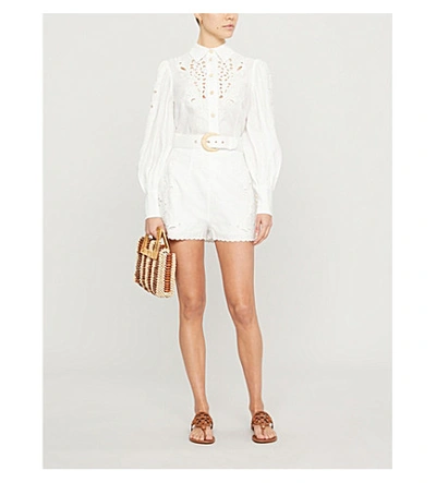 Shop Zimmermann Peggy Embroidered High-rise Linen Shorts In Ivory