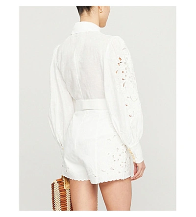 Shop Zimmermann Peggy Embroidered High-rise Linen Shorts In Ivory
