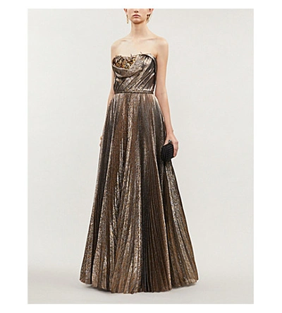 Shop Oscar De La Renta Floral-appliqué Metallic Silk-blend Gown In Dark+gold