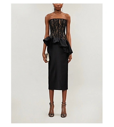 Shop Rasario Strapless Lace-and-satin Midi Dress In Black